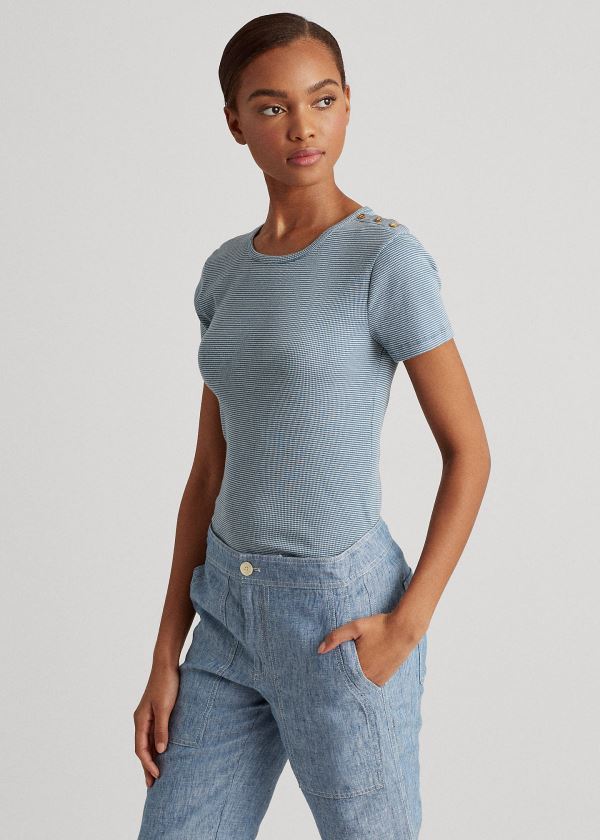 Women's Ralph Lauren Button-Trim Striped Cotton Tops | 095362NZY